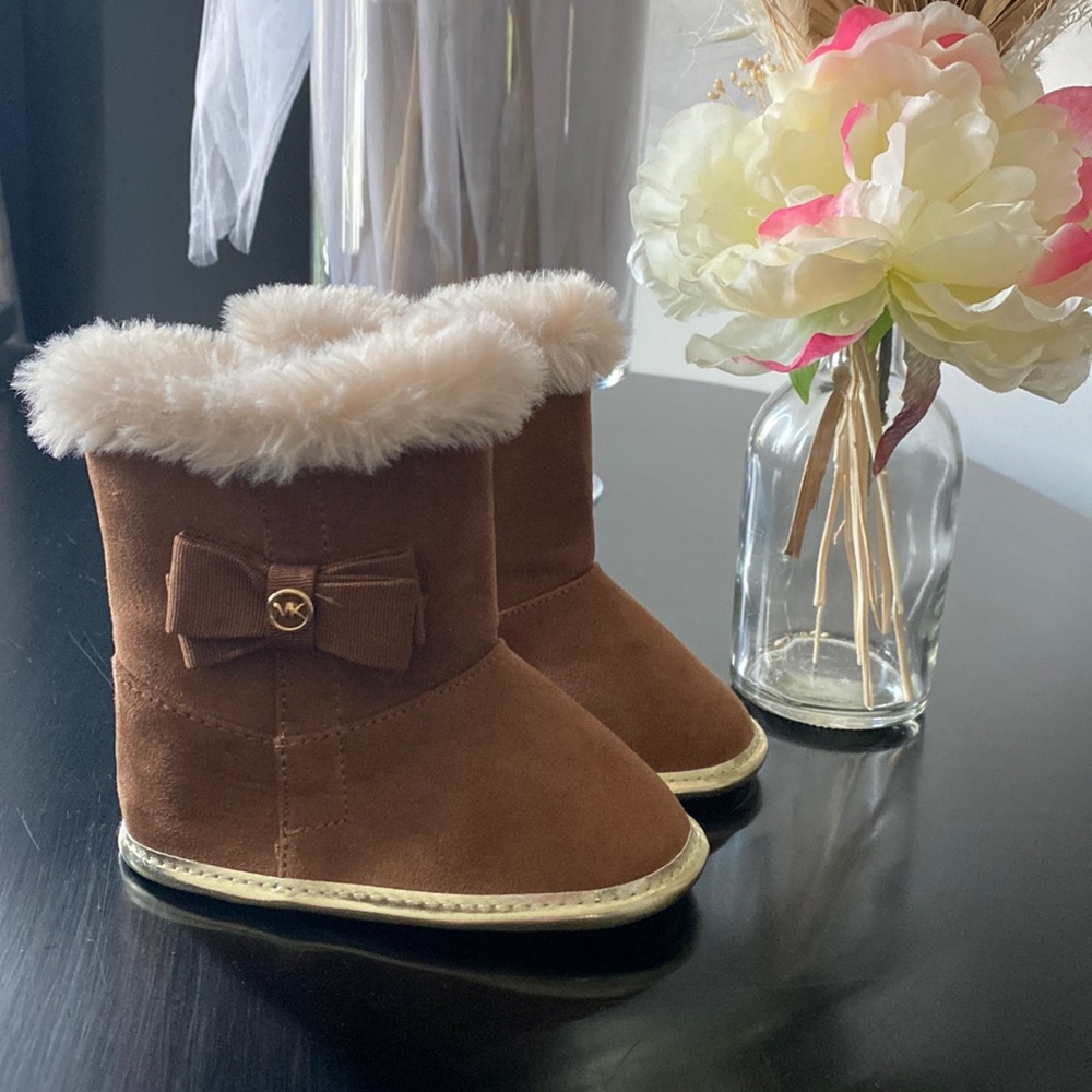 Michael Kors Brown Faux Fur Baby Boots with Gold Trim